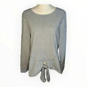 NEW Pleione Women’s Medium Blue &‎ White Striped Long Sleeve Tie Front Top NWT